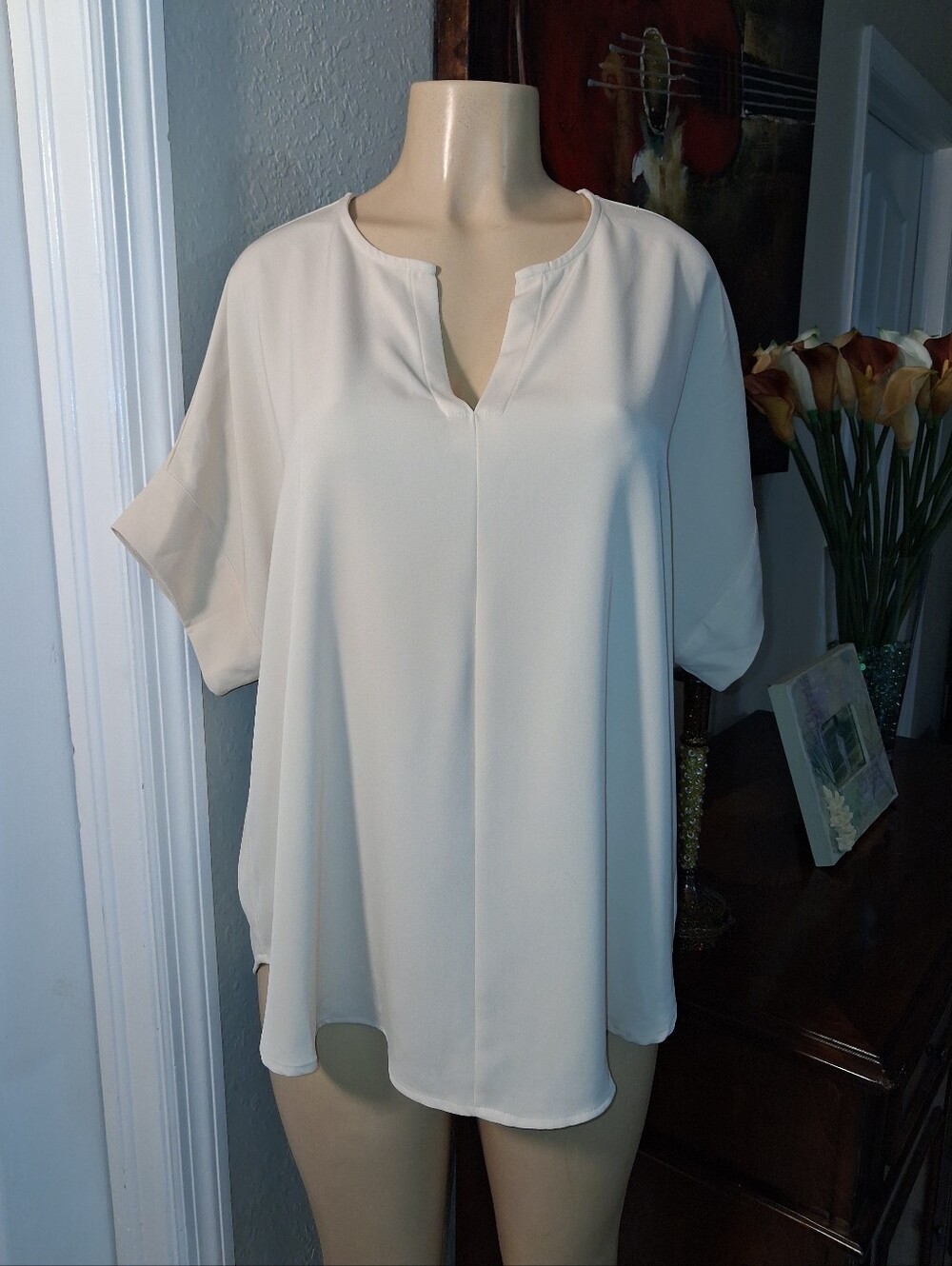 Women's Cream Split-Neck Blouse - Versatile Everyday Top By Zenana Sz Lg